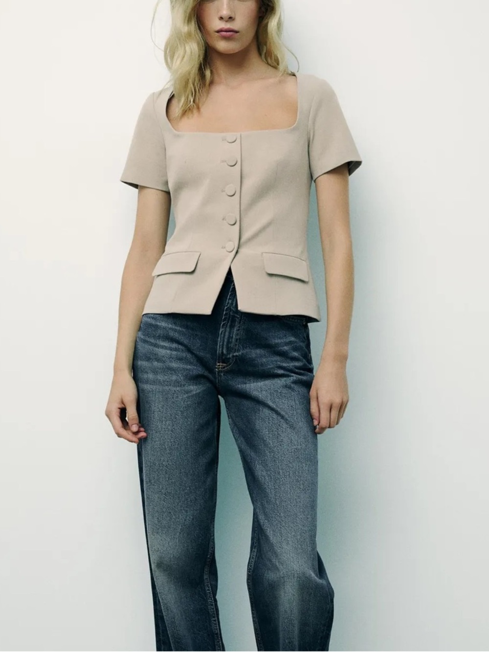 Zara Taupe Square Neck Short Sleeve Button Blouse - Picture 2 of 7